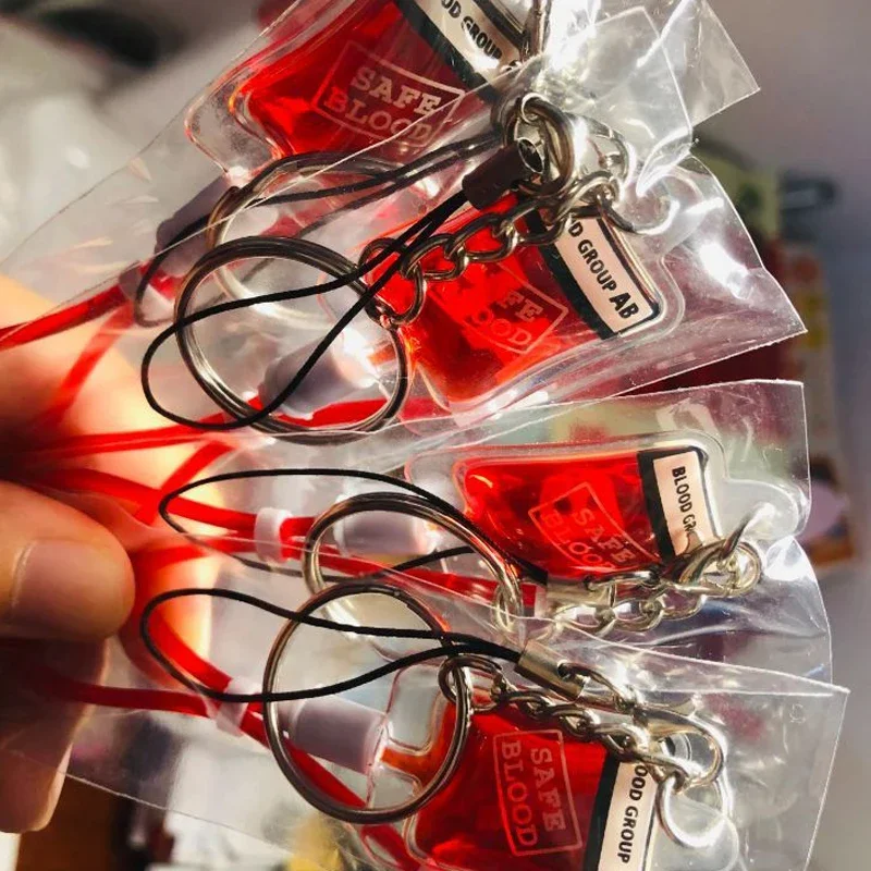 4 Styles Blood Bag Keychain Creative Cool A B O AB Sick Plasma Pack Car Bag Pendant Decorating Ring Birthday Party Gift