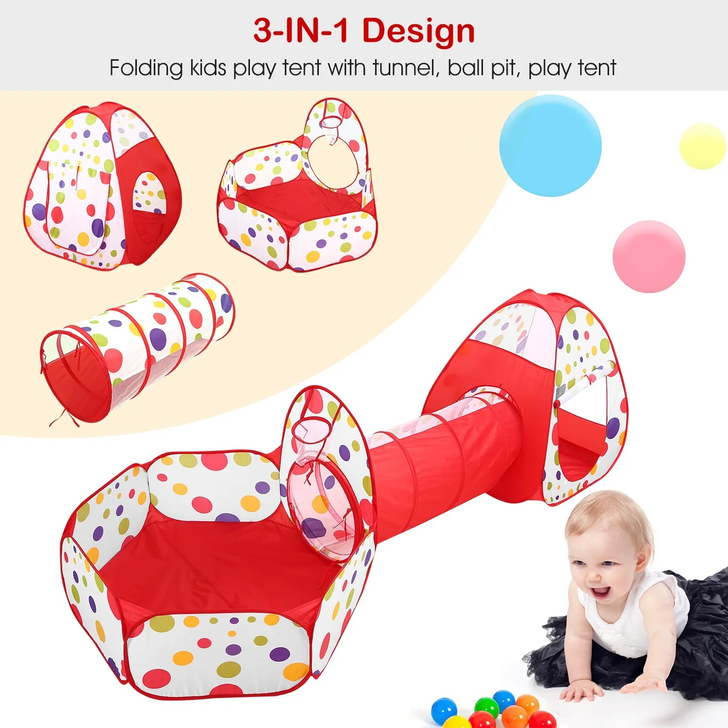 3 In 1 Child Crawl Tunnel Tent Pop-up Kids Tent Foldable Children Play House Kids Play Tent Ball Pit Set