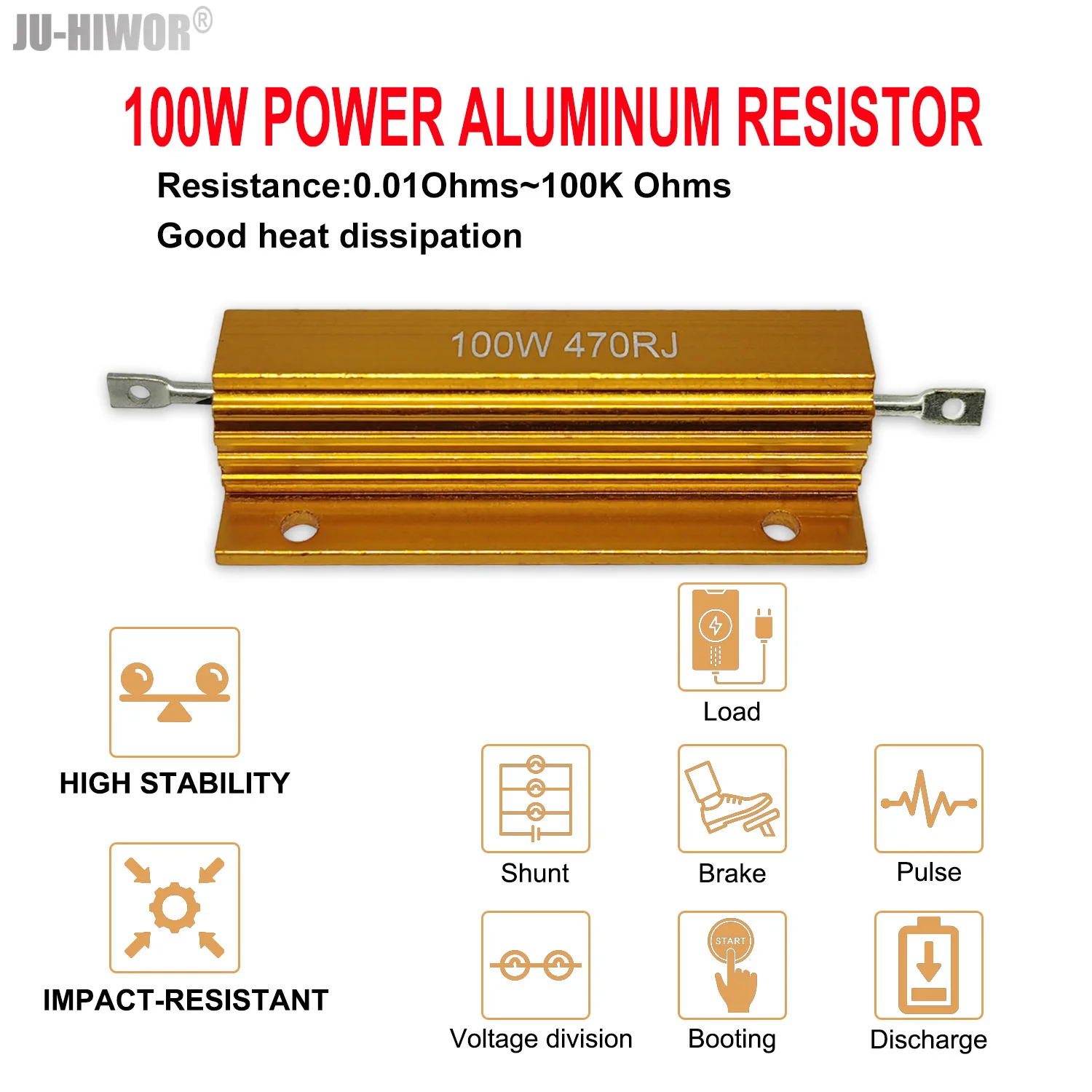 100W RX24 Aluminum Power Metal Shell Case Wirewound Resistor 0.01 ~ 100K 0.1 0.5 1 1.5 2 6 8 10 20 100 150 200 300 1K 10K ohm