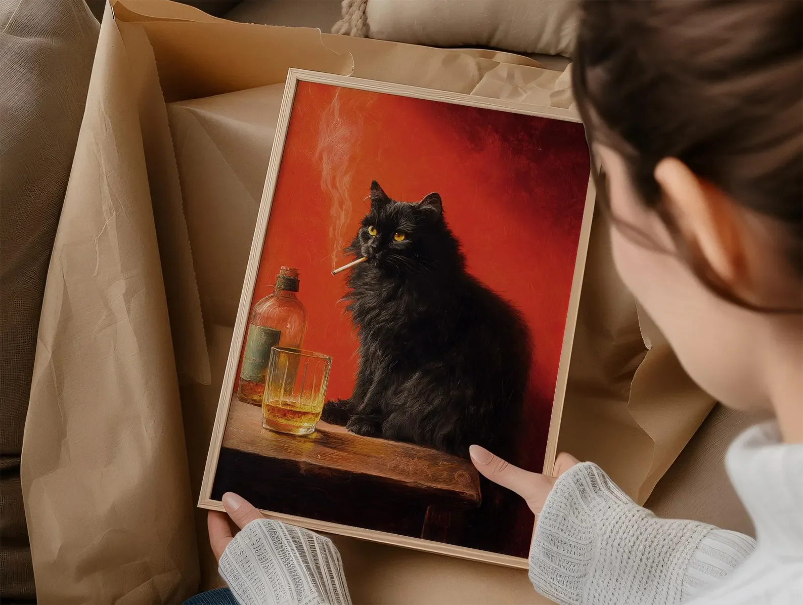 ملصق سيجارة للتدخين على شكل قطة سوداء، طباعة عتيقة، فن جداري غريب الأطوار، فن حيوانات مضحك، ملصق لعربة البار، مطبخ ملتوي