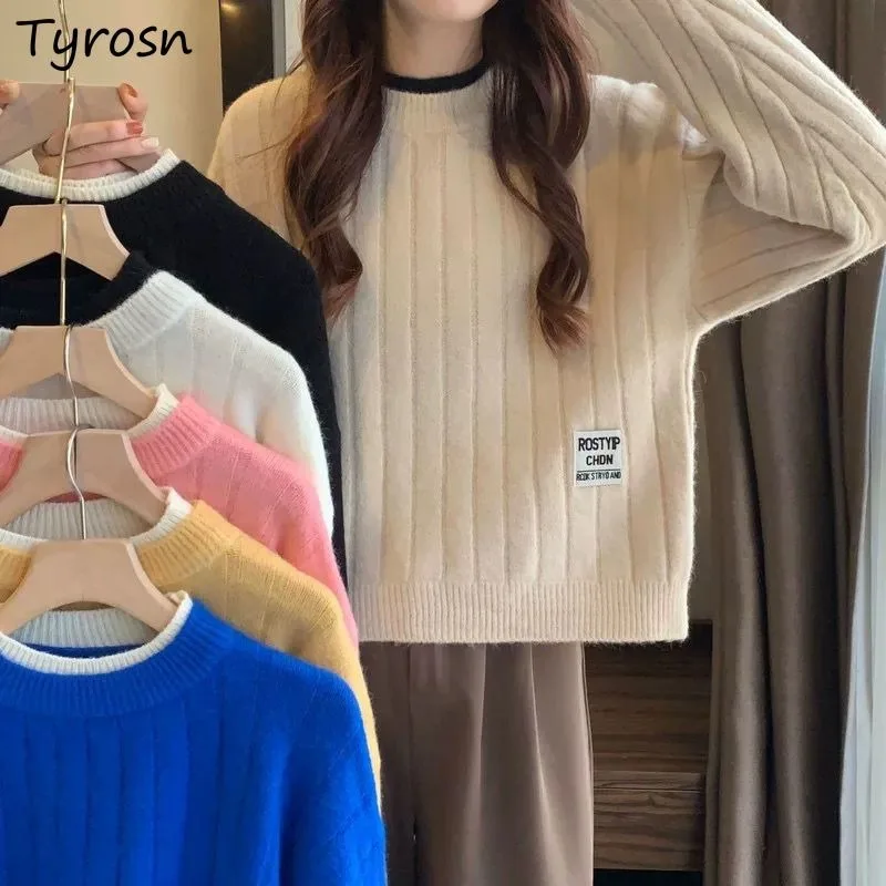 

Pullovers Women Solid Color Patchwork Loose Korean Female's Long Sleeve O-neck Knitted Tops Baggy Sweaters Soft Autumn Spring