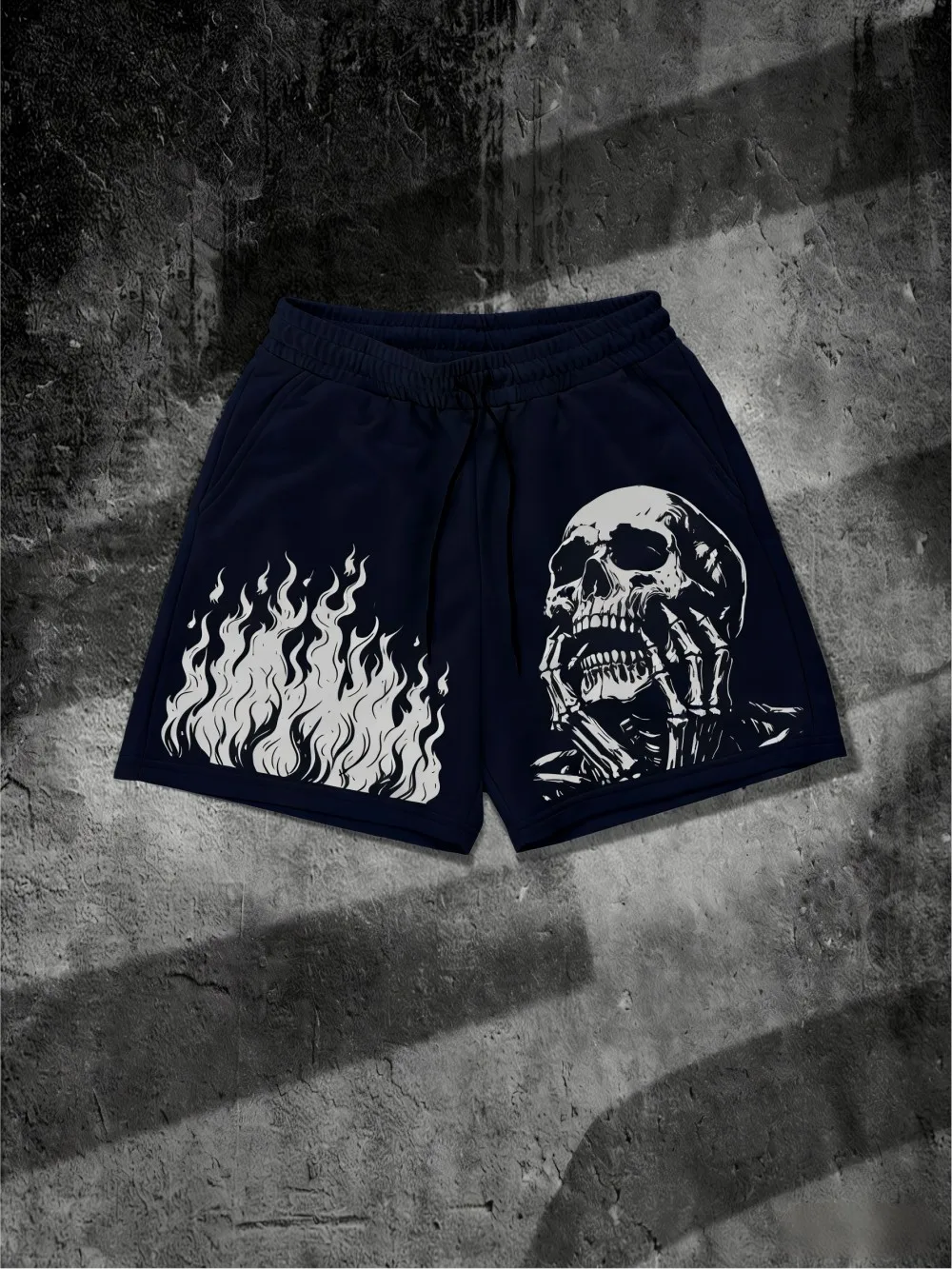 New Fashionable American Men's Summer Skull Flame Printed Comfortable Breathable Drawstring Shorts Outdoor Street Style Pants