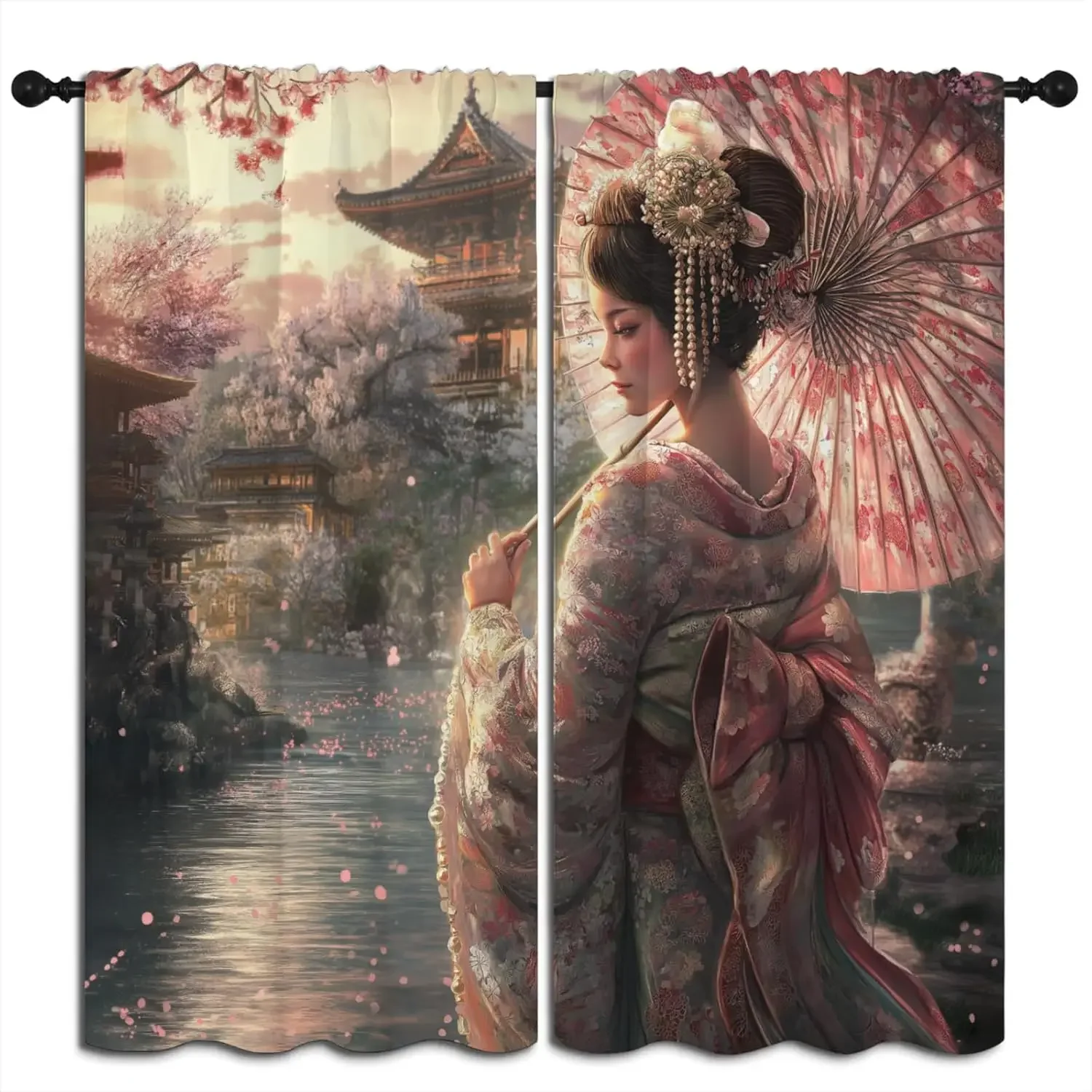 Japanese Geisha Blackout Curtains for Boys Girl Bedroom Home Decor, Kimono Pink Cherry Blossoms Thermal Insulated Rod Pocket