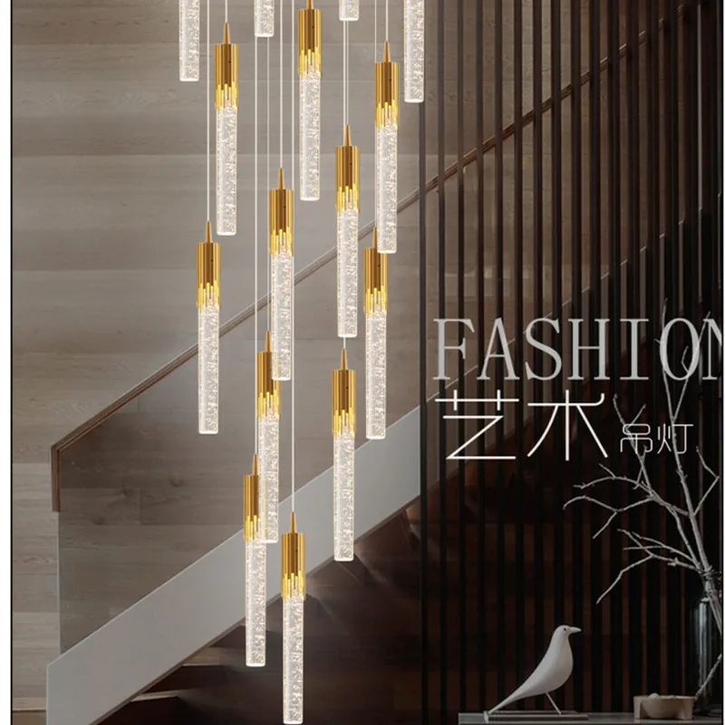 

Gold Crystal droplight Villa duplex staircase luxury cylindrical pendant lamp led Bubbles glass long tube cord pendant light