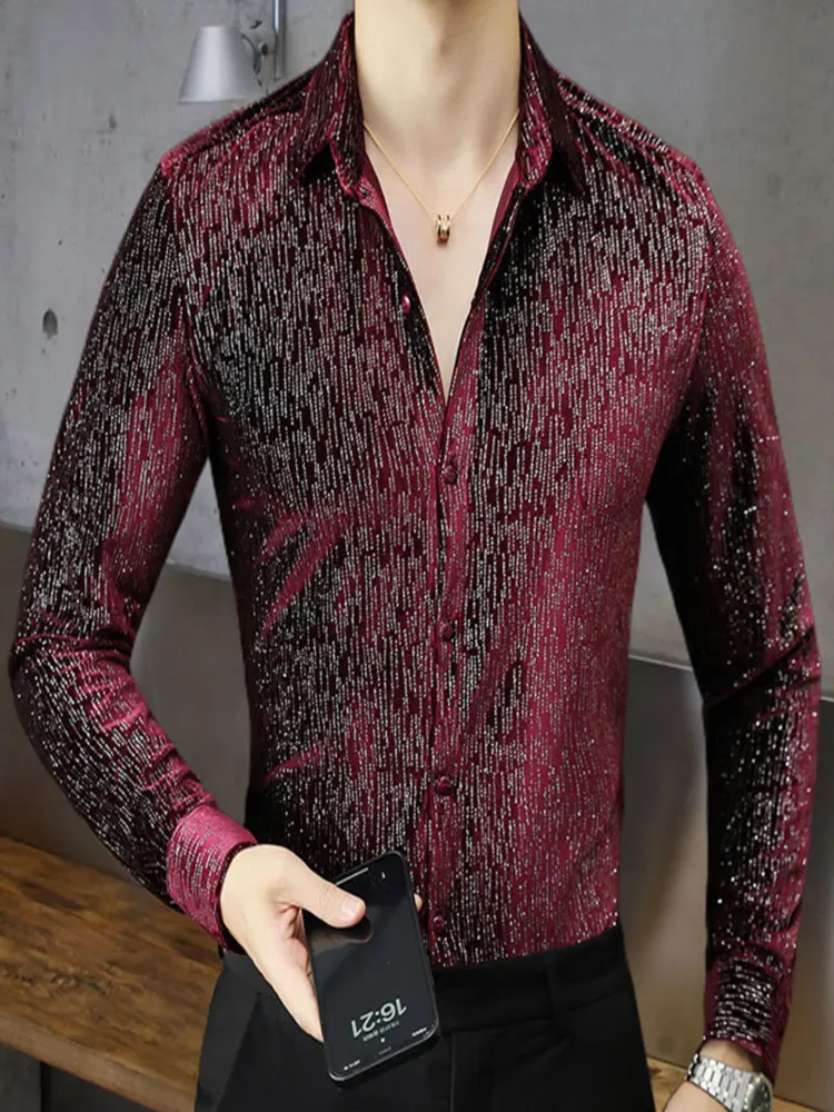 

Shiny Shirt Men Fancy Long Sleeve Ropa De Hombre Camisa Social Masculina Manga Longa Dark Red Casual