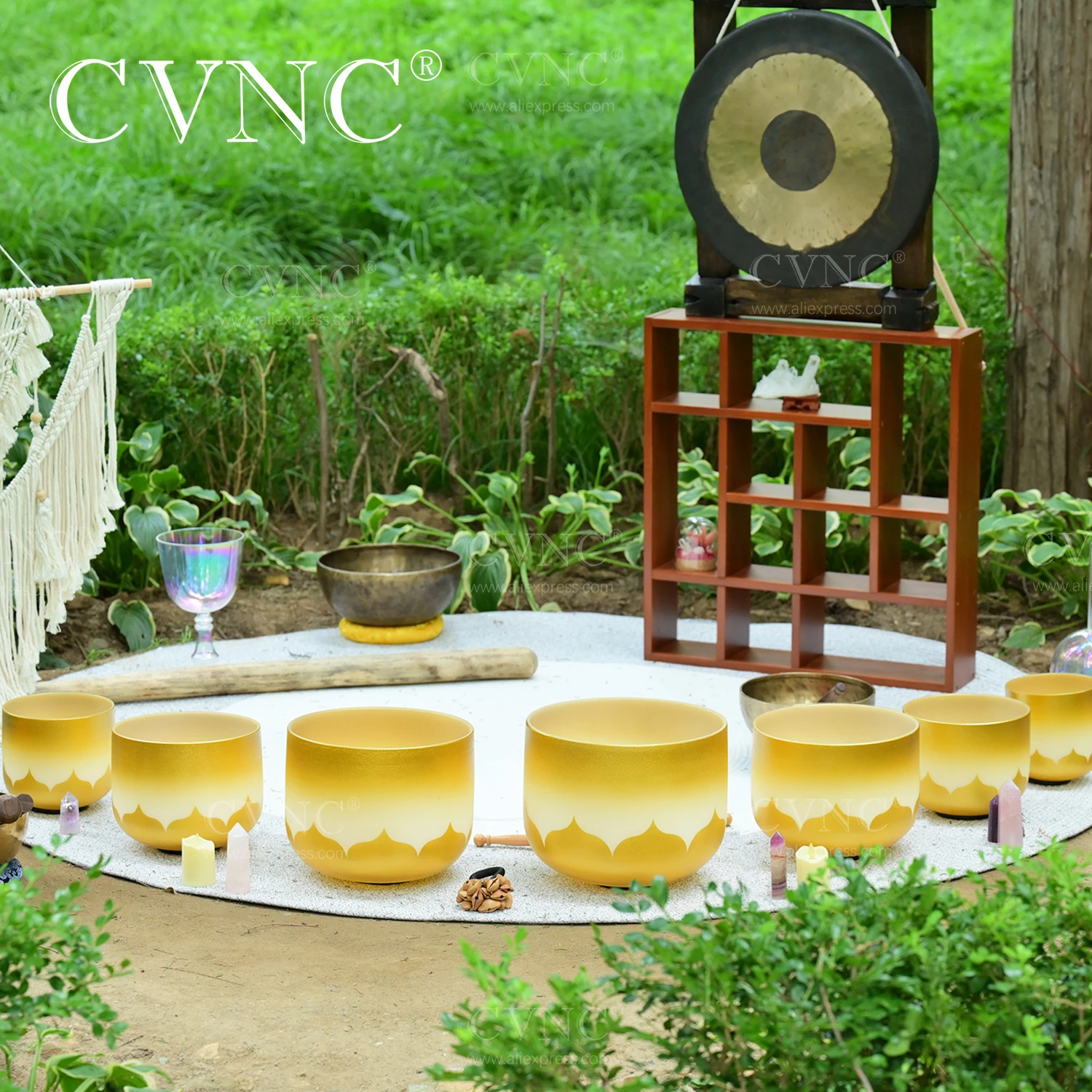 CVNC 6-12 Inch Golden Lotus Design Frosted Quartz Crystal Singing Bowl 7 Pcs For Sound Healing and Meditation with Free bags