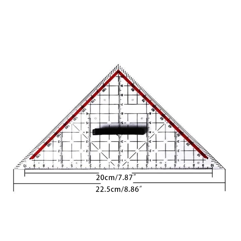 Regla plantilla en forma triángulo con escalas transportadoras, herramientas dibujo profesionales