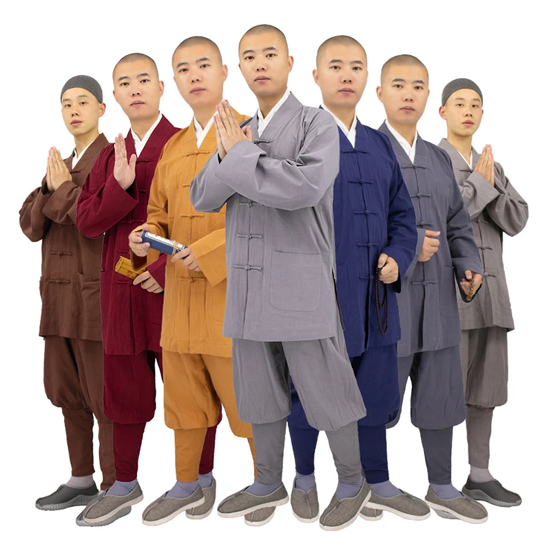 summer-thin-cotton-linen-monk-suit-short-coat-set-for-men-and-women-loose-fit-pure-color-water-washed-multi-pocket-monastery