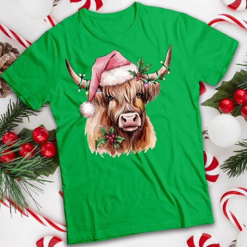 Mens and Womens Highland Cow Christmas T-Shirt Graphic T Shirts Unisex Shirt Pure Cotton Tees Christmas T-shirt Funny Cow shirts