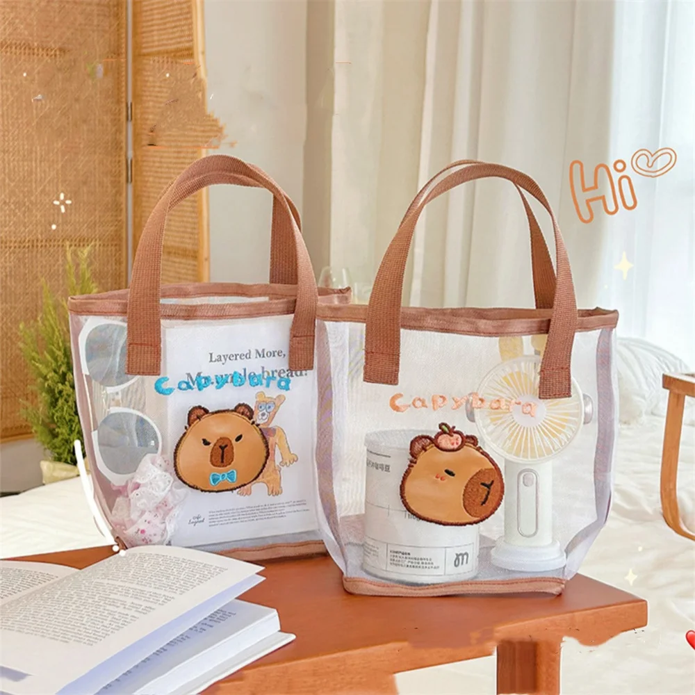

Cartoon Mesh Beach Handbag Lightweight Portable Transparent Women Kids Summer Small Handbag Toiletries Bag For Organization