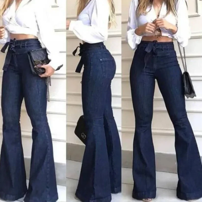 

Mom Jeans Women Flare Pants Zipper Fly Flat Pockets Streetwear Denim Work Elegant Bodycon Slight Strech Belt High Waisted Jeans