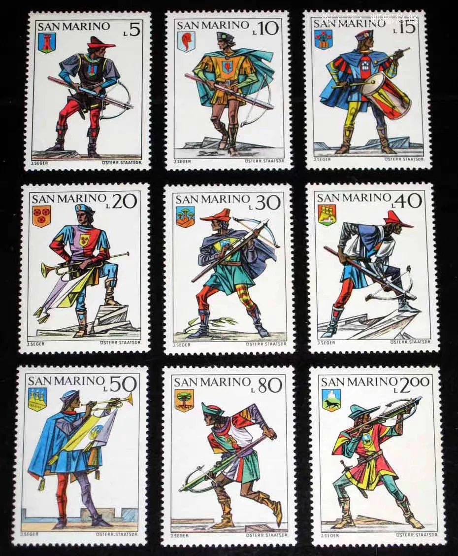 San Marino Post Y1973 Ancient Soldier Archer Bow And Arrow 1 Set 9 New MNH Collectible Postage Stamps Material For Scrapbooking