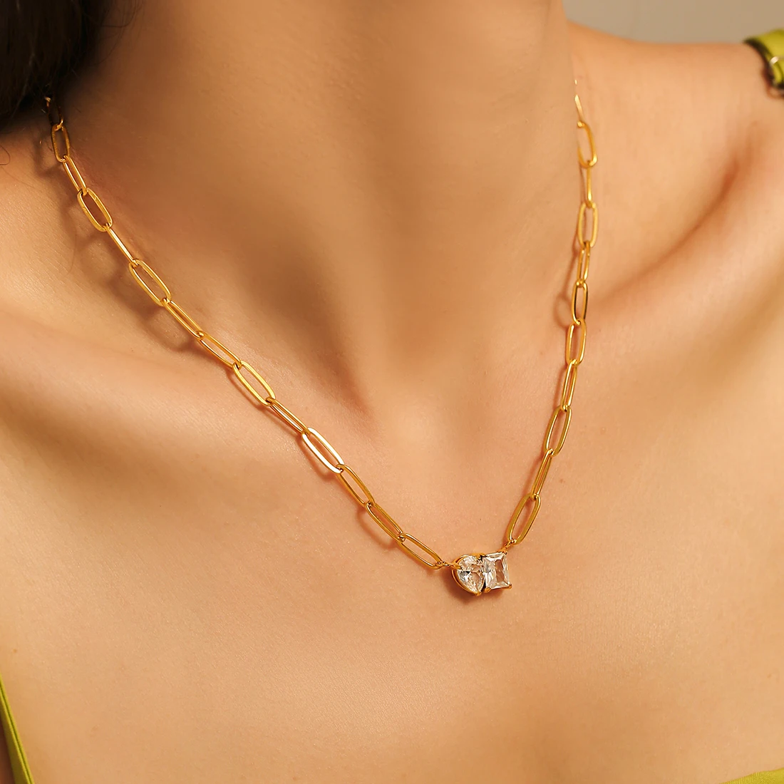 Water Drop Square Zircon Pendant Necklace for Women Stainless Steel Chain Gold Plated Charm Female Jewelry Gift