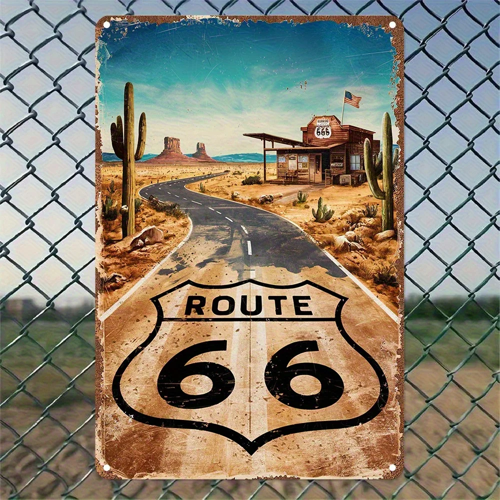 Panneau en étain Route 66 Desert - Décoration murale vintage américaine en métal pour garage ou man cave, plaque en fer rétro