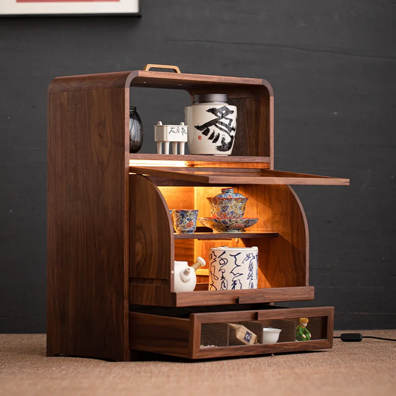 

New Chinese Black Walnut Solid Wood Desktop Small Household Multifunctional Storage Cabinet Glass Shelf Coffee Display Cabinet