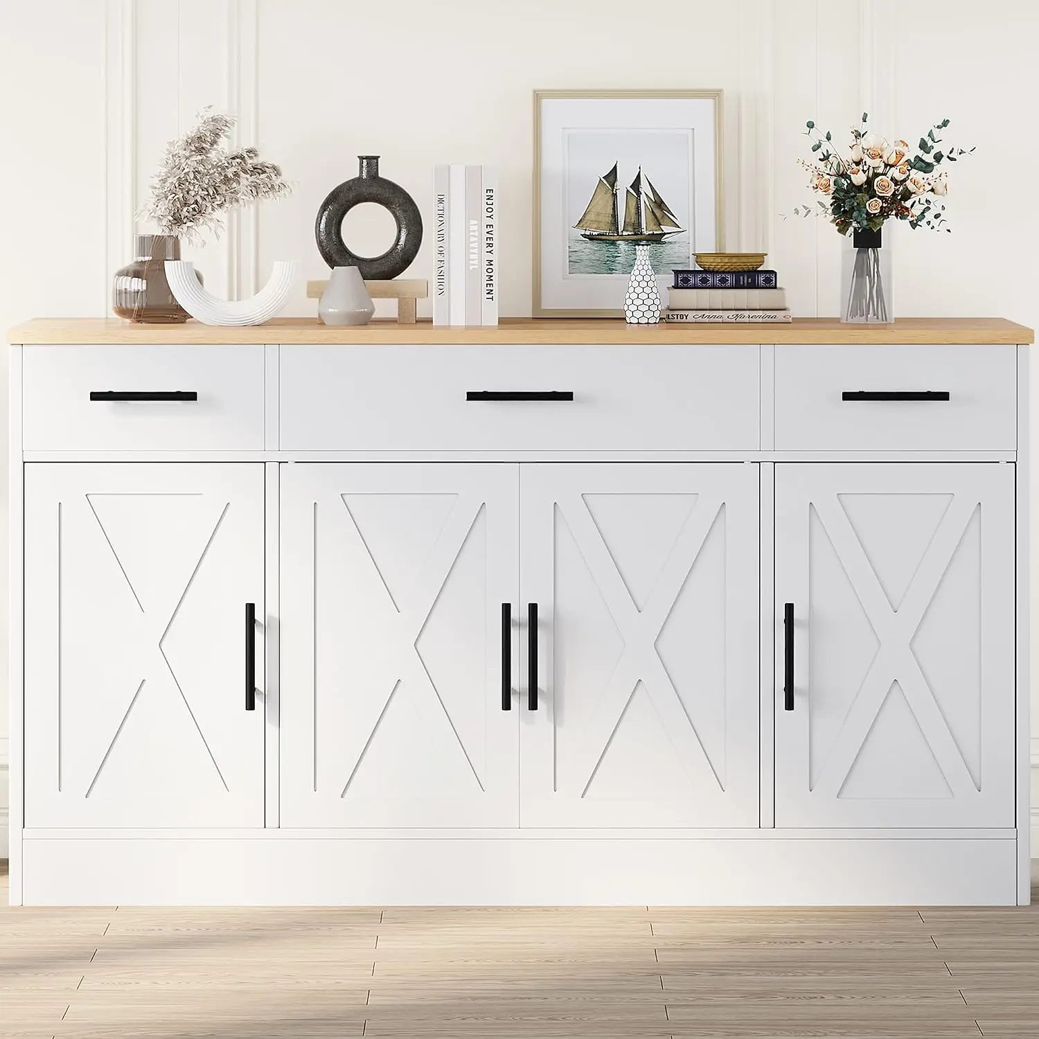 Buffet Cabinet With Storage Countertop Display Organizer Holder Storage Rack Frame Large Kitchen Storage Cabinet With 3 Drawers And 4 Doors Wood Farmhouse Buffet Sideboard With Adjustable Shelf For Kitchen Living Room White