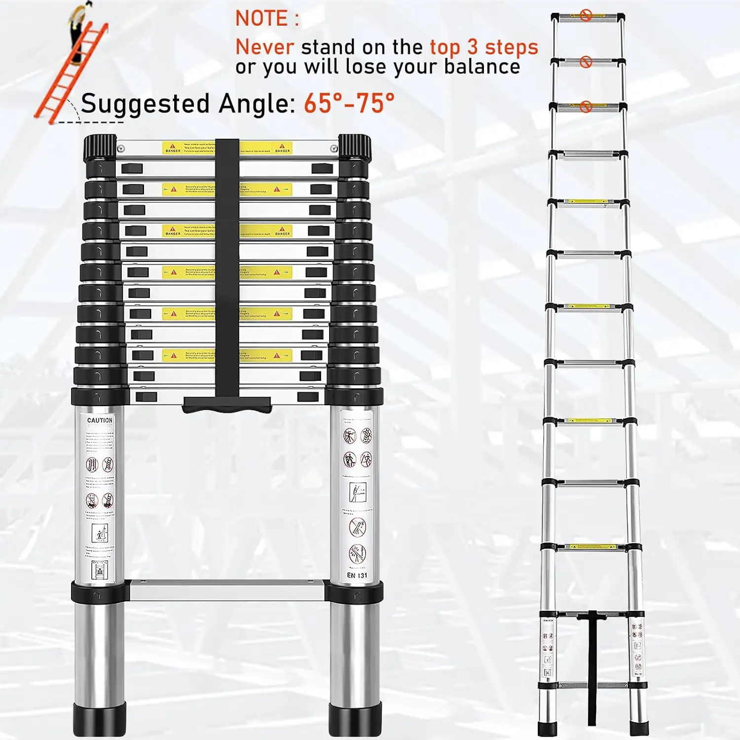 Ladder 12.5 FT - Aluminum Telescopic Ladder with Non-Slip Feet - Portable Collapsible Extension Ladders for Home or Roof Loft RV