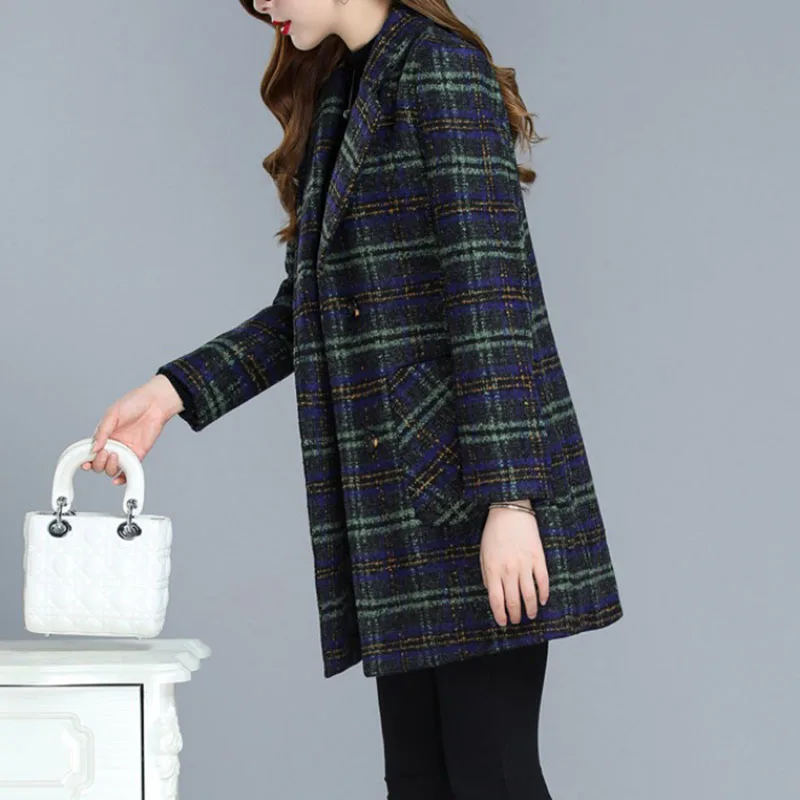Women Clothing Plaid Wool Coat Autumn Winter Mid-Long Slim 6XL Jackets Female Double Breasted Elegant Chic Woolen Outerwear XQ72