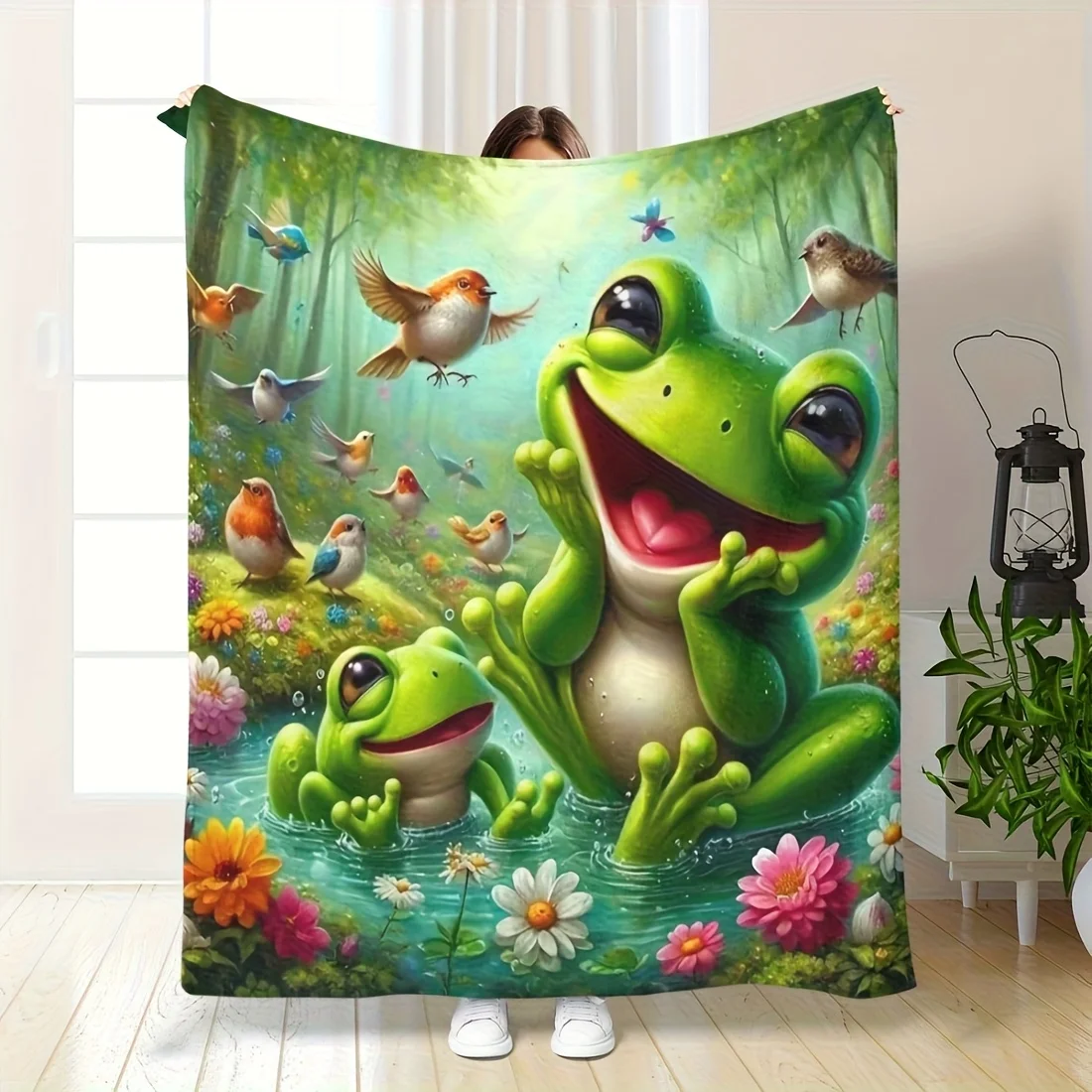 

[1pc Whimsical Frog Blanket] Whimsical Frog & Colorful Birds Cozy Flannel Blanket - 1pc Durable, All-Season Throw for Napping