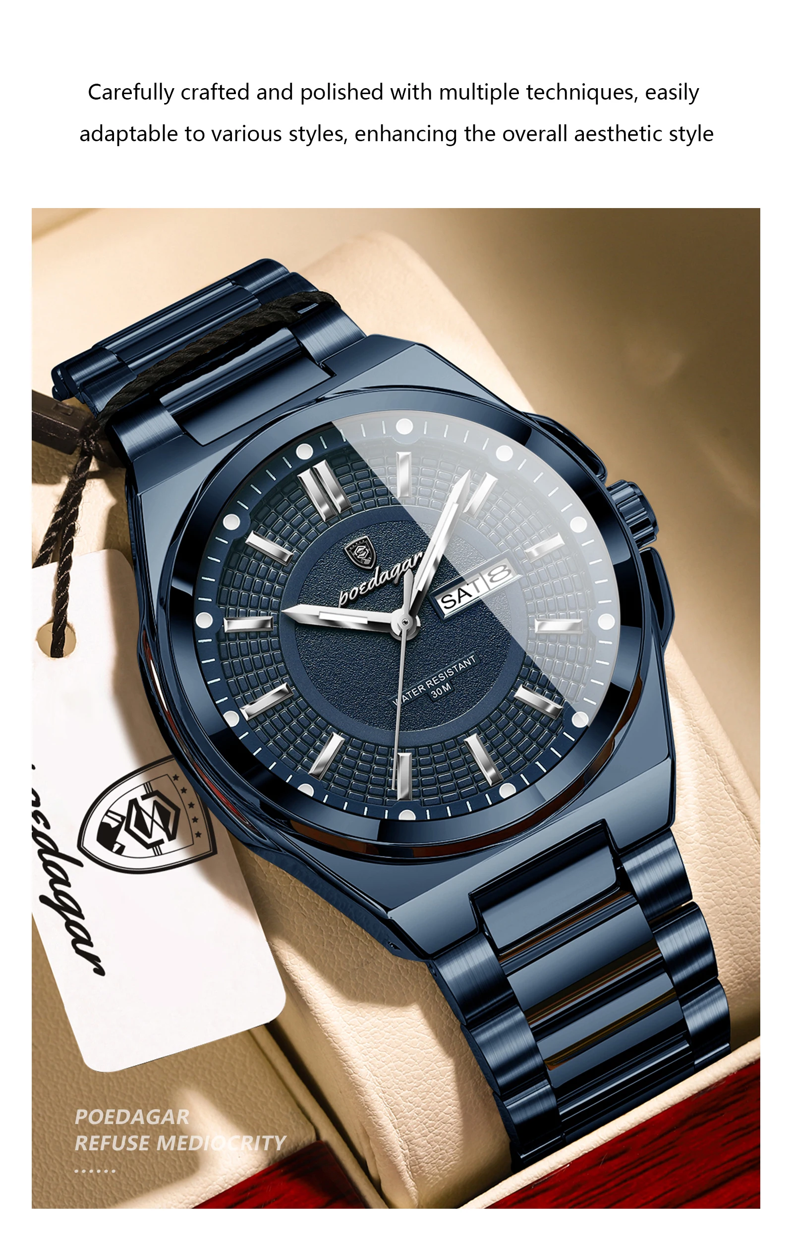 POEDAGAR Top Business Herren Armbanduhr Edelstahl Wasserdicht Leuchtend Casual Mann Uhr Datum Woche Stilvolle Herren Quarzuhren – Detail 18