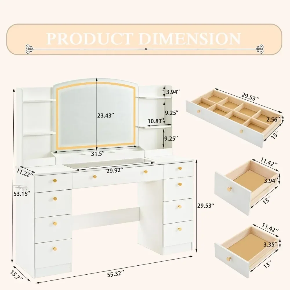 Vanity Makeup Desk 55 INCH Large Vanity Desk with Mirror Dressers 9 Drawers