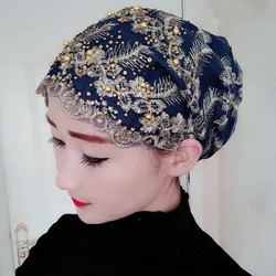 Breathable Embroidery Lace Turban Cap Women's Summer Beanies Bonnet Muslim Headscarf Hat Ladies Head Wraps Ready Hijab