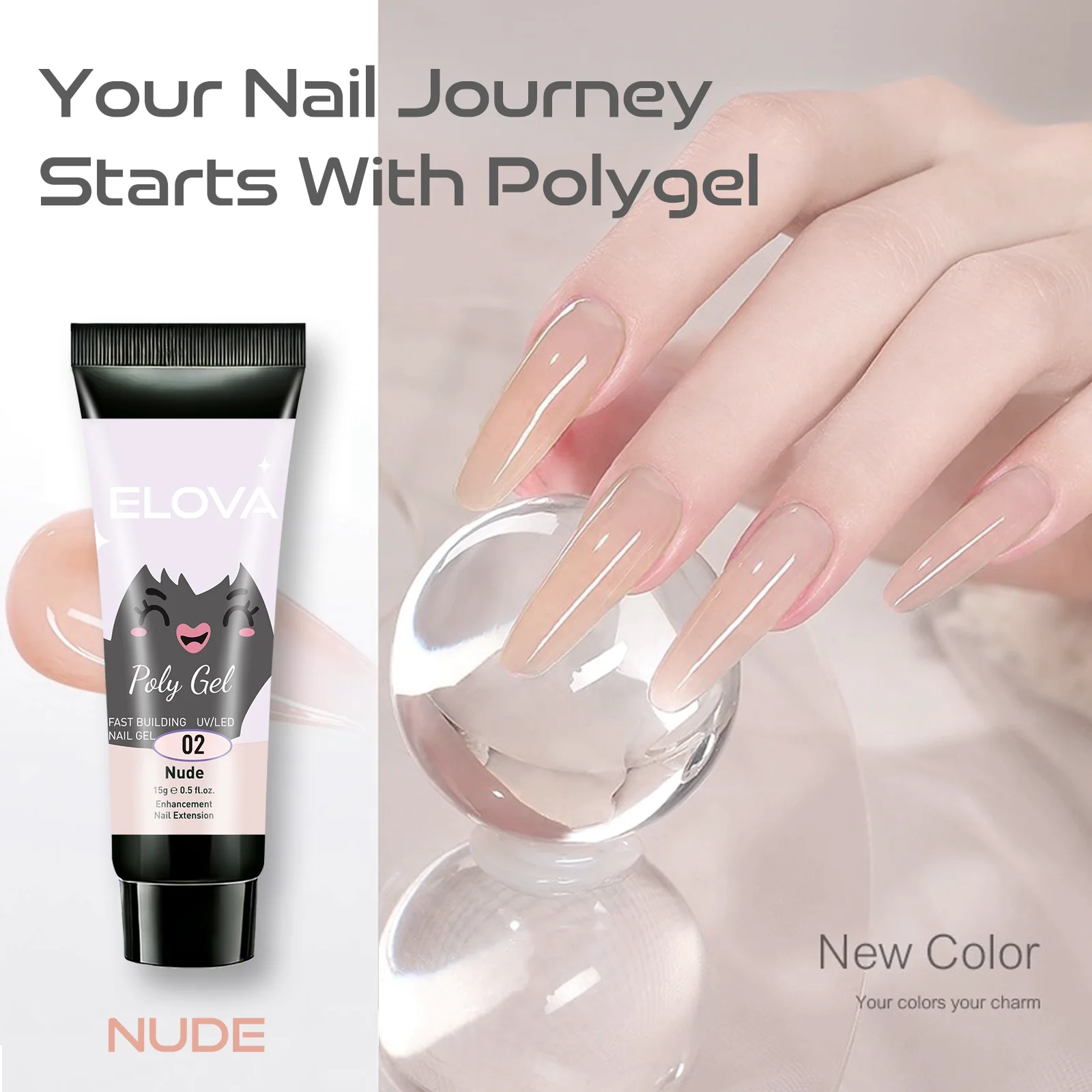 Kit de unhas Elova Polygel para iniciantes, conjunto inicial multifuncional com Polygel nude de 15ml, solução deslizante de 35ml, copo líquido, 24 duplos para