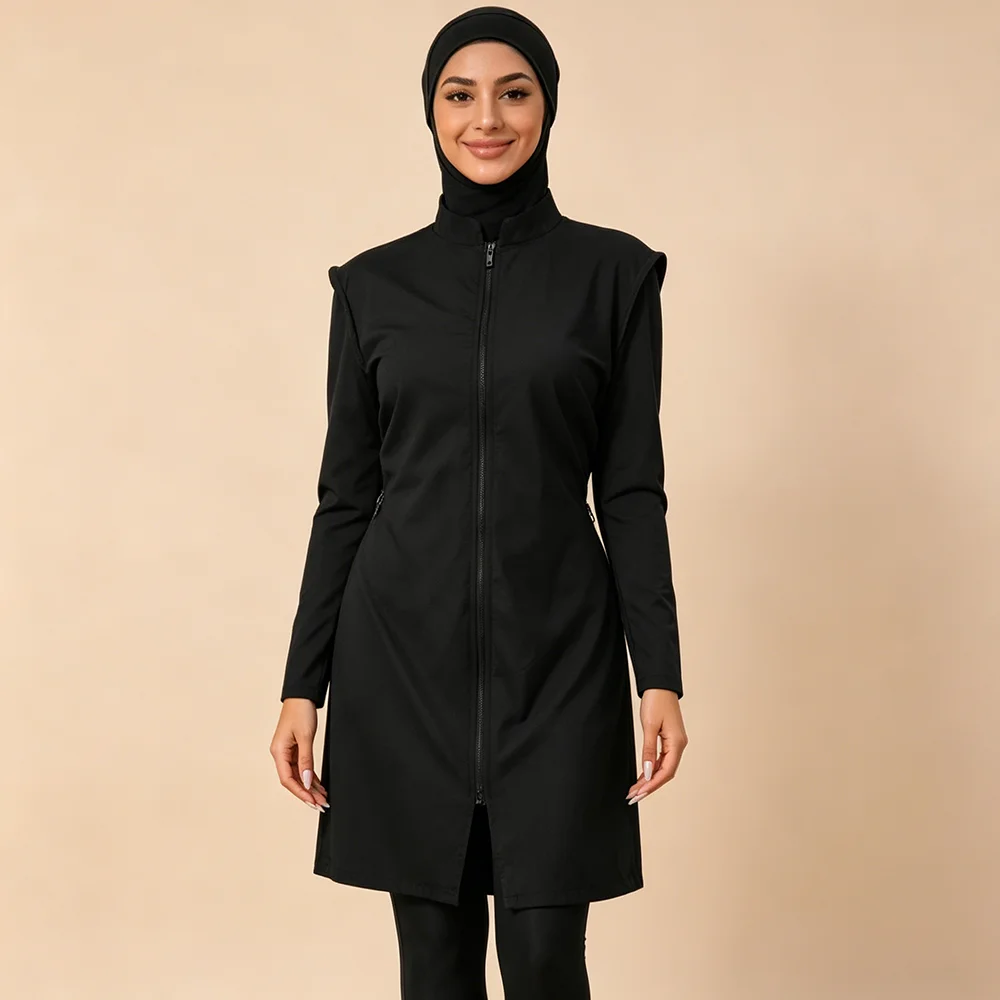 Muslim Modest Burkini Swimsuit for Women 3-Pcs Coverage Long Sleeve Zippered Swimwear with Hijab Islamic Bathing Suit Beachwear