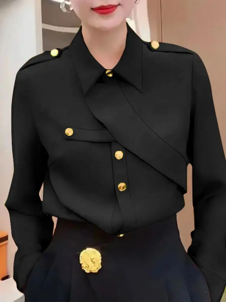 UOOZEE Women\'s Lapel Blouses 2024 New Spring Autumn Long Sleeves Loose Fashion Buttoned Casual Office Commute Shirts Tops