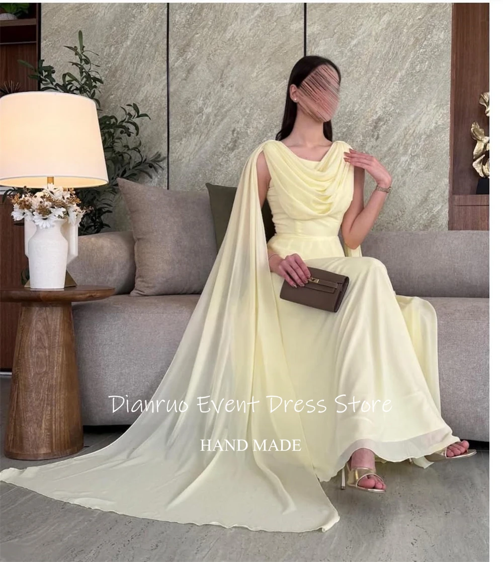 디안루오 라운드넥 사우디아라비아 이브닝 드레스 주름 장식 민소매 파티 가운 A라인 옐로우 쉬폰 드레스 여성 맞춤 제작