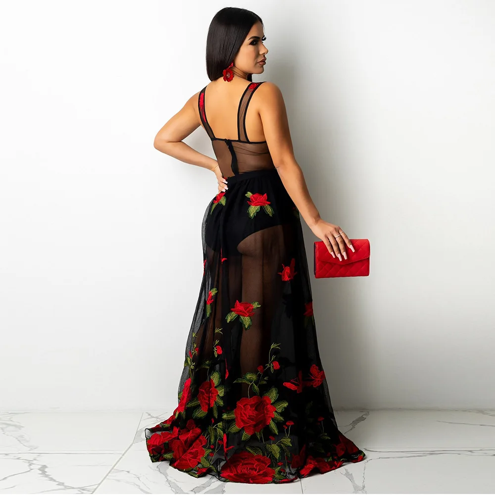 Vestido largo con bordado de rosa roja para mujer, traje transparente sin mangas, tirantes, Sexy, a la moda, para fiesta y graduación