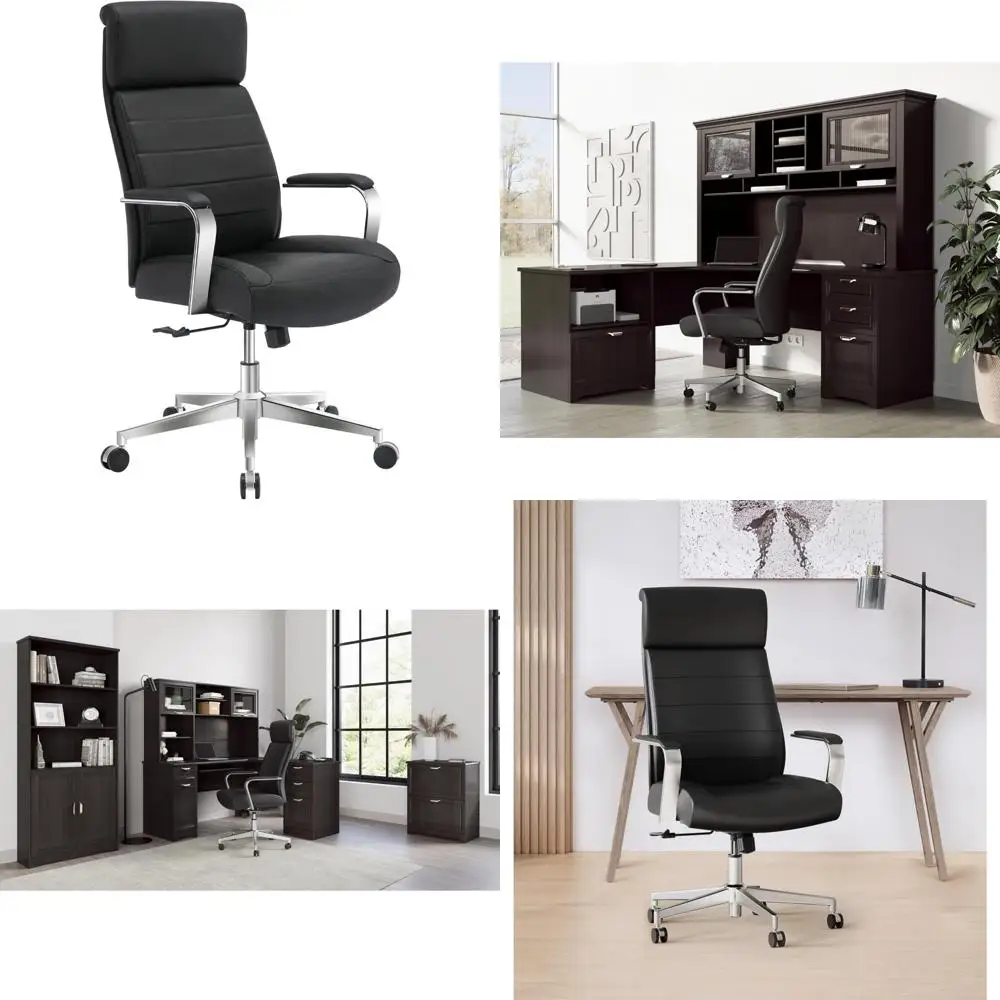 

Офисное кресло для руководителя из веганской кожи с высокой спинкой, черный и хромированный, совместимый с разрешением Bifma