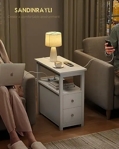 End Table with Charging Station, Side Table with 2 Drawer & USB Ports & Power Outlets, Nightstand for Small Spaces image 4