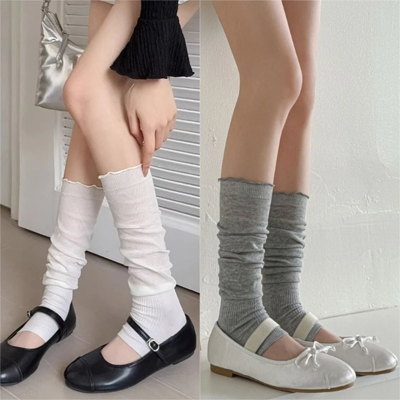 

New Grey/White Socks Ruffle-edge Cotton Footed Stockings Summer Thin Sun Protection Leg Warmers Solid Knee High Stacking Socks
