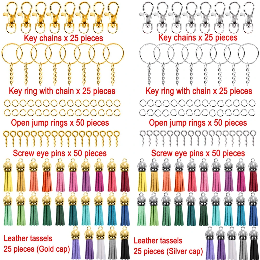 Gold Silver Key Rings Tassel Set with Keychain Tassels Keychain Hooks Key Chain Rings Jump Ring and Screw Eye Pins for DIY Craft