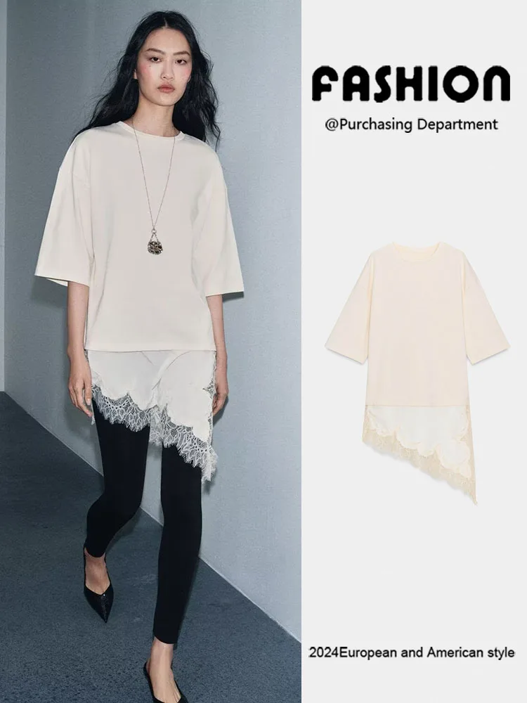 

Spring New Arrival Women's Versatile round Ne ort Sve Asymmetric Hem Lace T-irt Patchwork Design European Sle Knit...