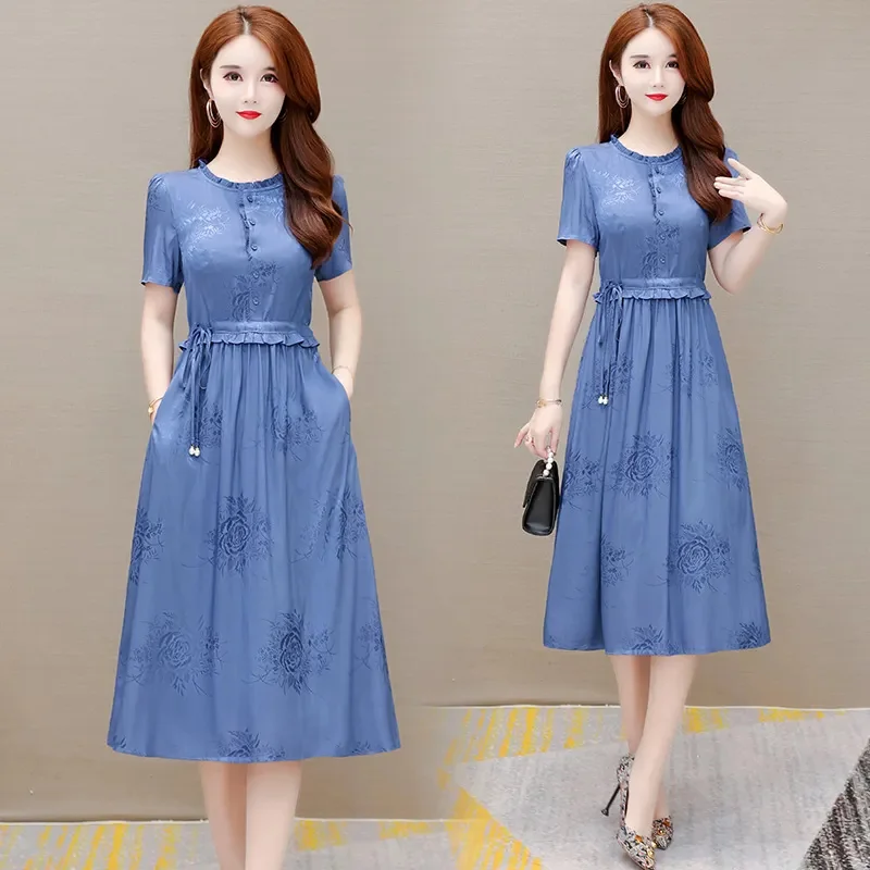 플로럴 드레스 여성 여름 아이스 실크 드레스 2025 신상 여성 롱 드레스 여성 의류 고급 패션 우아함 A라인 드레스 ﻿