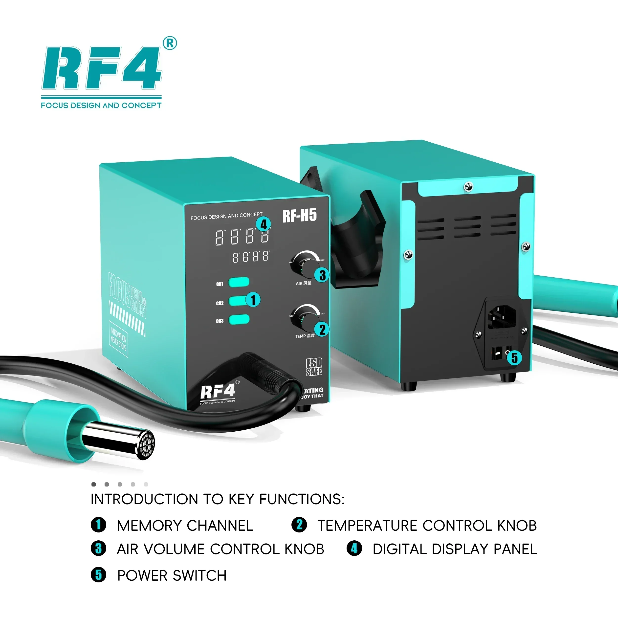 RF4 RF-H5 Intelligent Hot Air Desoldering Station 800W Fast Heat Gun BGA Chip Rework Station for Electronics Desoldering Repair