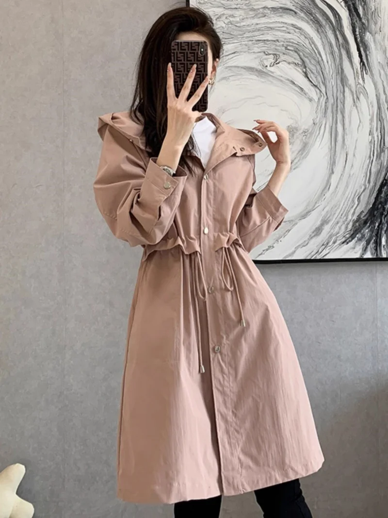 

Windbreaker Women's Mid Length 2025 Spring Autumn New Korean Version Loose Fit Slimming Temperament Hooded Jacket Trendy w183