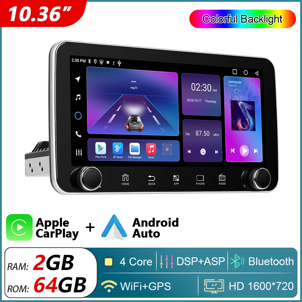 Podofo 10,36" IPS draadloze CarPlay Android autoradio 360 °   Roterend scherm Auto Multimedia Speler 1Din WIFI GPS Stereo Autoradio