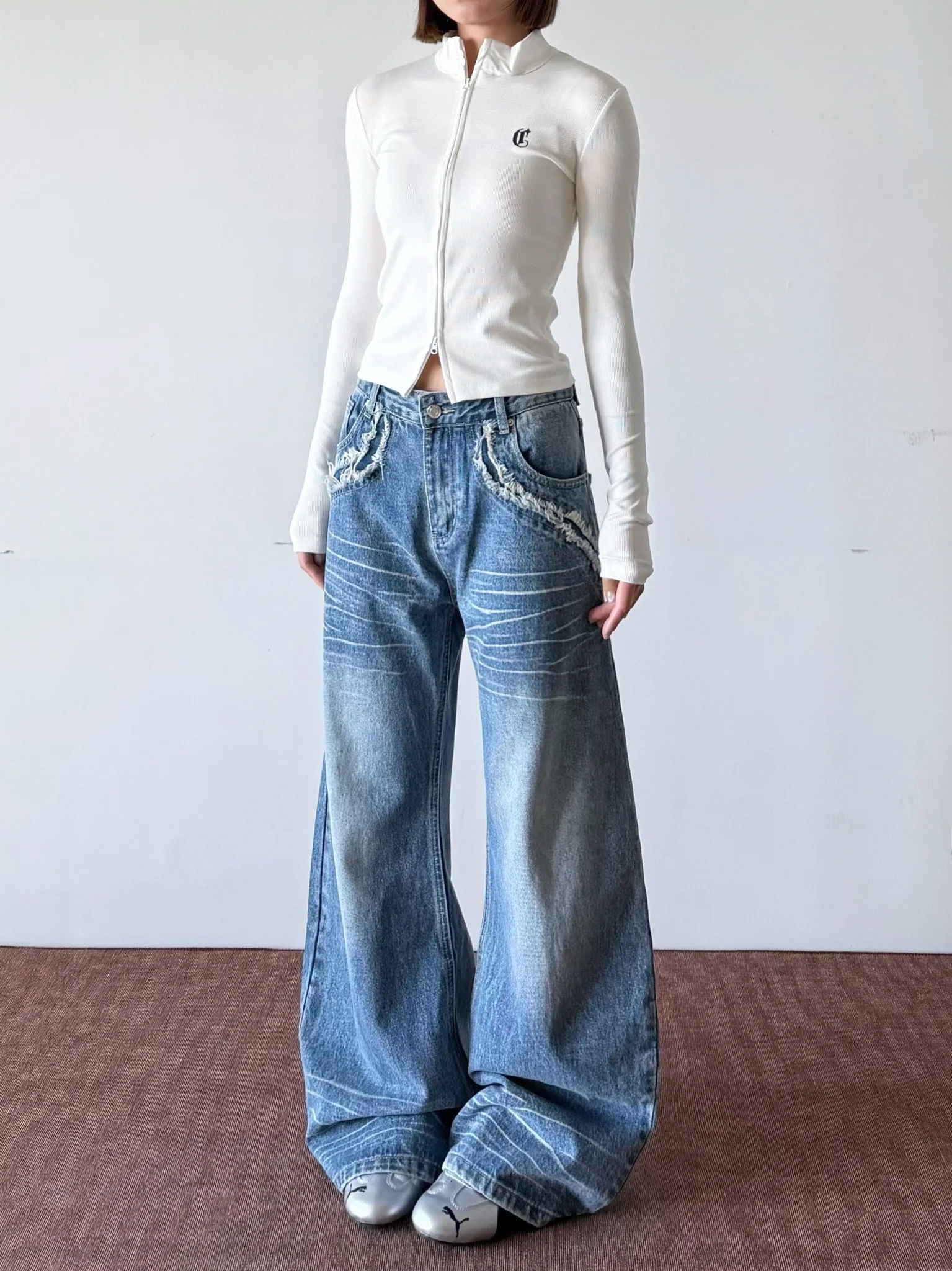 

Женские винтажные американские джинсы Waed Blue Denim с широкими штанинами, повседневные удобные хлопковые брюки с карманами