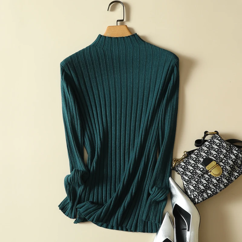 

Mock Neck Green Knitted Women Sweater Pullovers Autumn New 2022 Solid Elastic Elegant Office Lady Pulls Outwear Tops