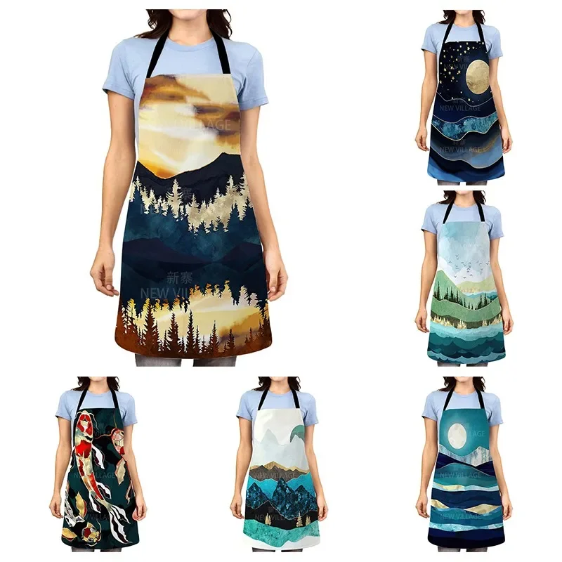 Flower Bird Printed Cotton Linen Brief Pinafore Kitchen Sleeveless Apron Women Home Cooking Baking Waist Bib  garden apron