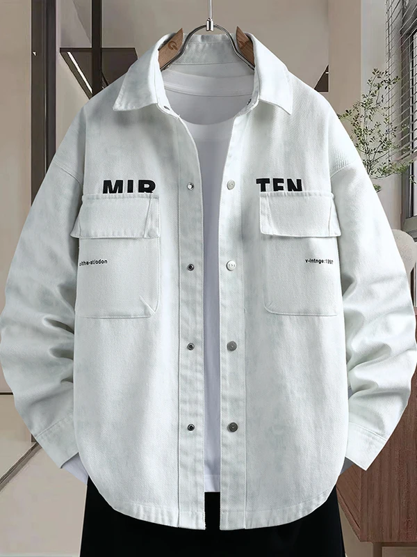 

Casual Cotton Denim Jacket for Men with Multiple Pockets Print Fashionable Versatile Long Sleeve Workwear Style Autumn Shirt