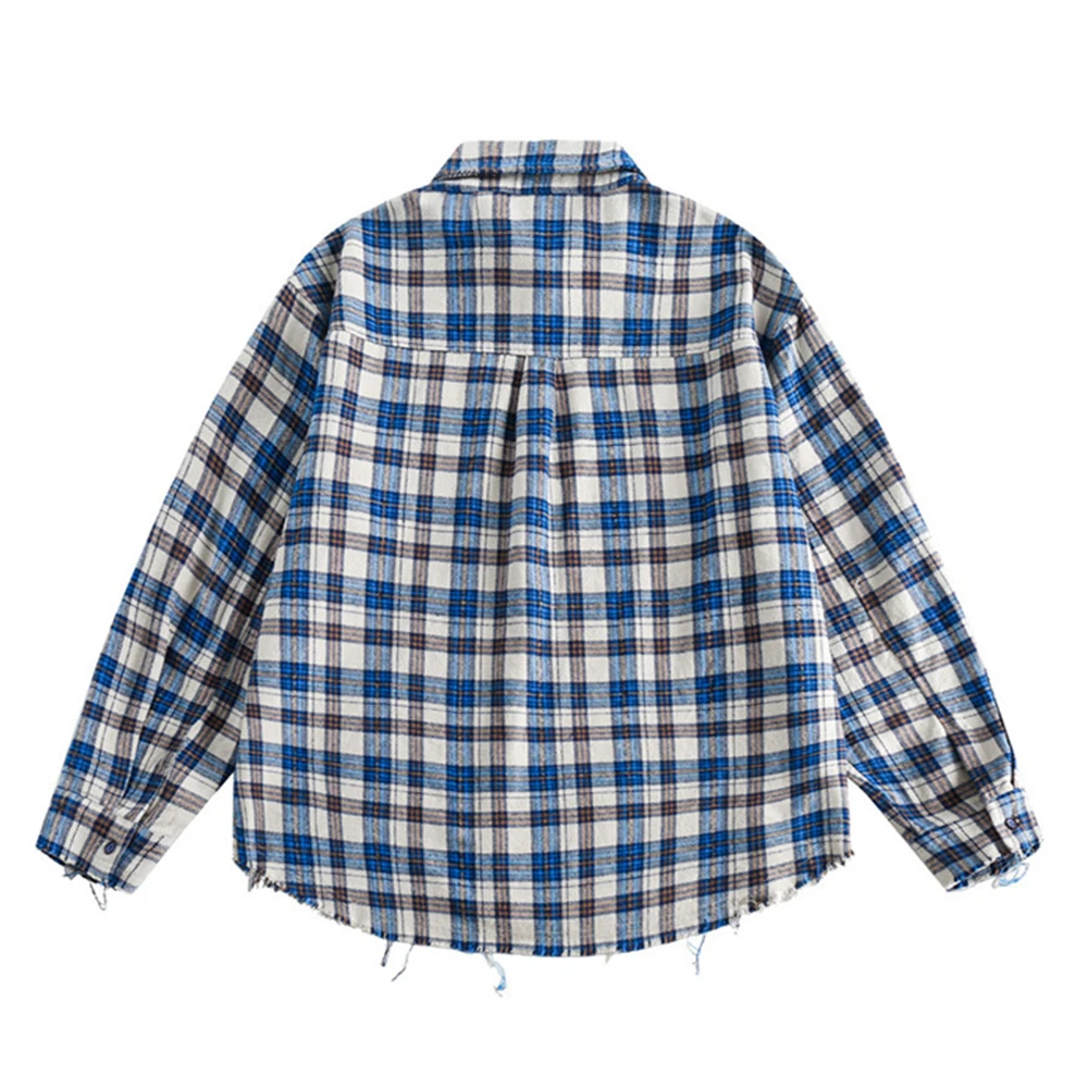 Small Blue Plaid Flannel Shirt Men Women Unlock Hemline Turn-down Casual Shirts for Man