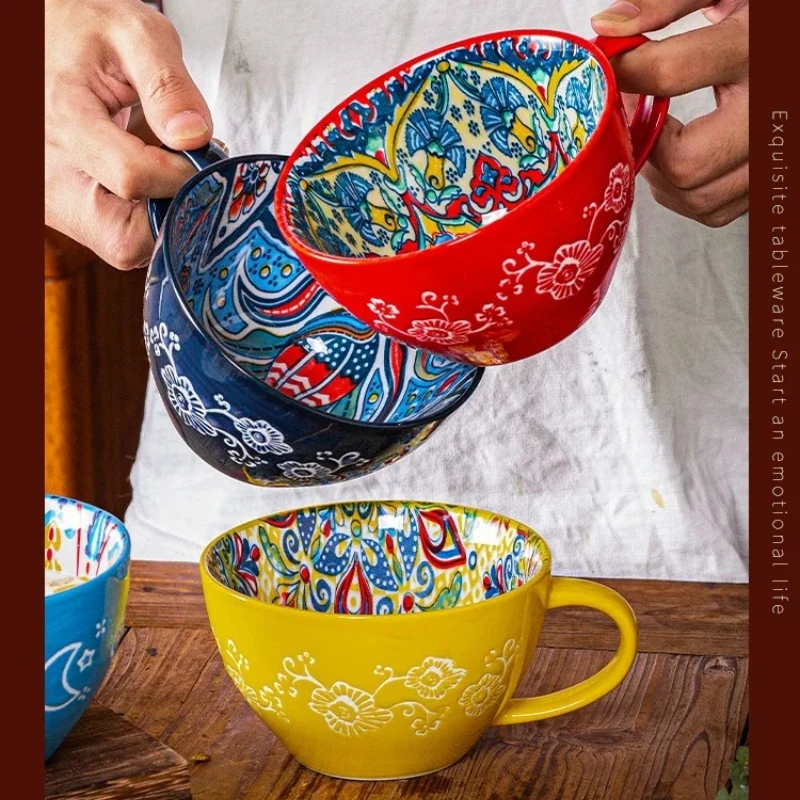 Bohemian Ceramic Breakfast Cup High Appearance Level Oatmeal Cup Large Capacity Water Cup Microwavable Milk Coffee Cup