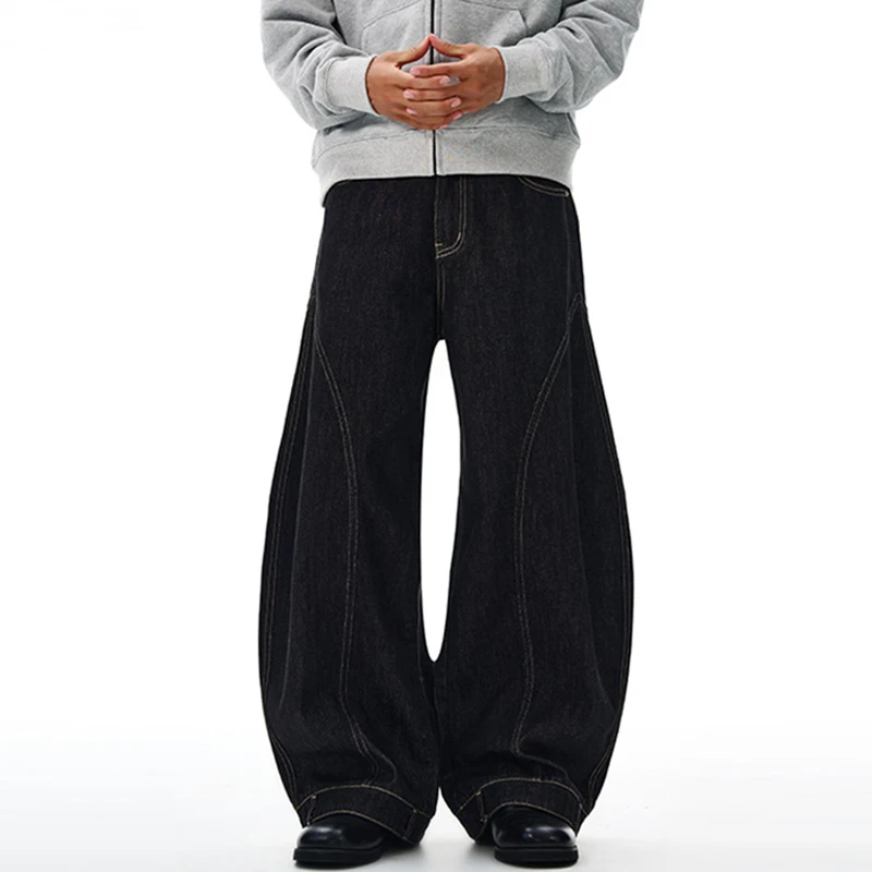 

Мужские джинсовые брюки в американском стиле, однотонные свободные лоскутные силуэты, широкие брюки, повседневные мужские джинсы с изогнутыми ножами, новинка