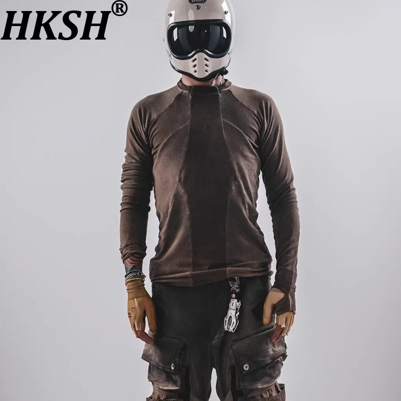 

HKSH Spring Autumn Men Tide Punk Deconstructed Patchwork Washed Vintage Slim Stretchy Waste Land Layer Techwear T-shirt HK16094