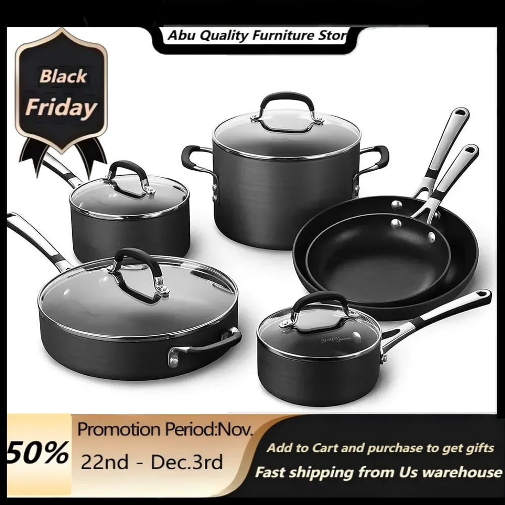 Calphalon 10-Piece Non-Stick Kitchen Cookware Set, Black Pots & Pans With Stay-Cool Stainless Steel Handles, Hard-Anodized Alumi