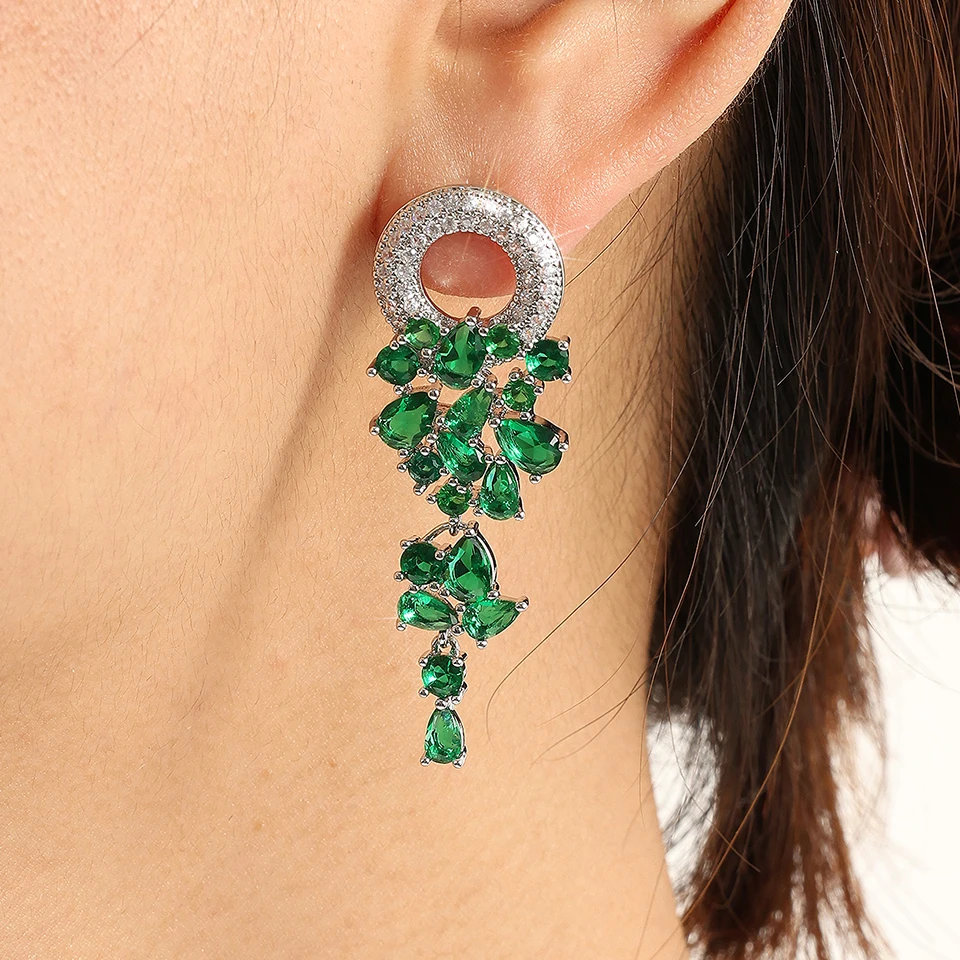 ZAKOL Green Marquise Cut Cubic Zirconia Long Dangle Earrings for Women Fashion Leaf Bridal Wedding Jewelry EP154